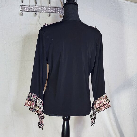 Jaipur Y2K Black Maroon Black Tan Animal Print Ruffle Neck Sequin LS Top Size XL - Picture 12 of 16